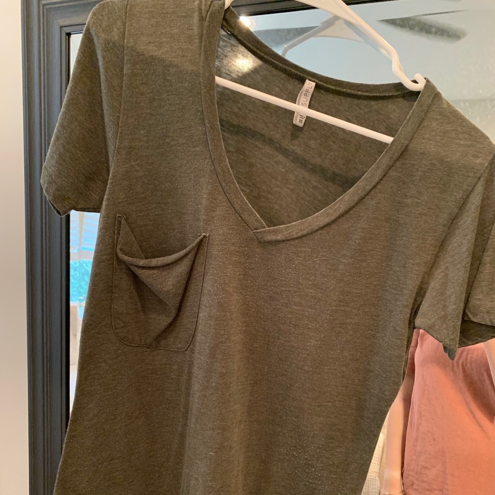 Z Supply Burnout Olive Green V Neck Pocket Tee
